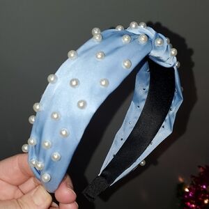 New handmade boutique pearl top knot flexible wide headband blue